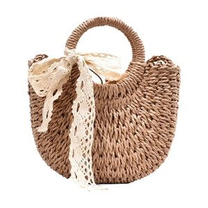 Chic Tan Woven Handbag with Lace Bow